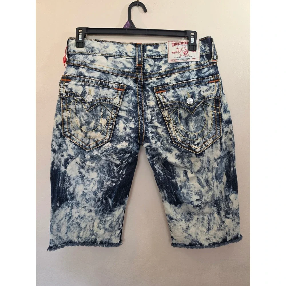TRUE RELIGION Mens Acid Wash Cut Off Denim Shorts Bleach Splatter Size 31